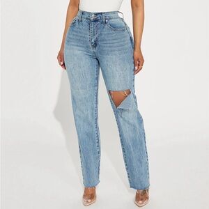 Fashion Nova Light Blue Ripped Straight Leg Jeans